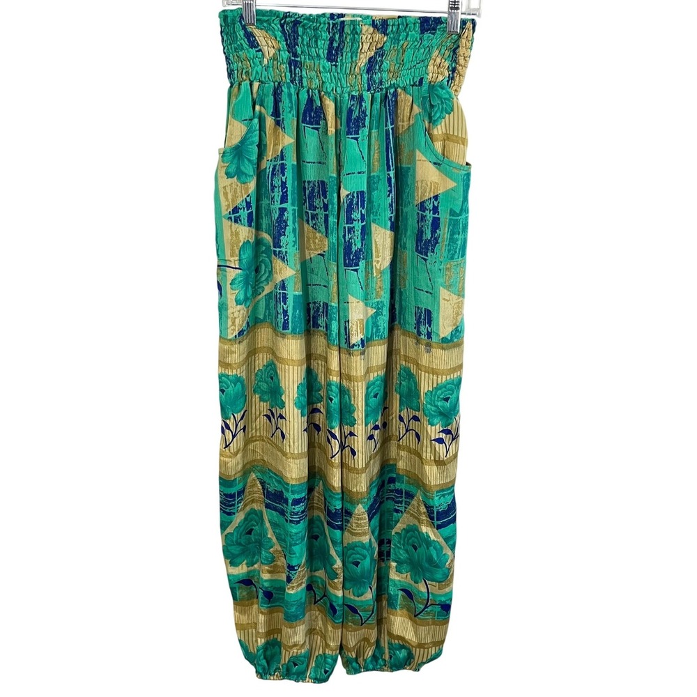Earthbound Trading Co Harem Pants Womens Large Teal Gold Floral Smocked Boho